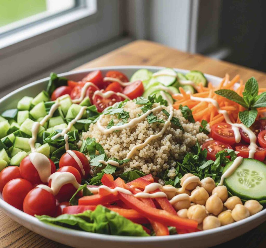Vibrant Quinoa and Rainbow Veggie Salad with Creamy Lemon-Tahini Dressing